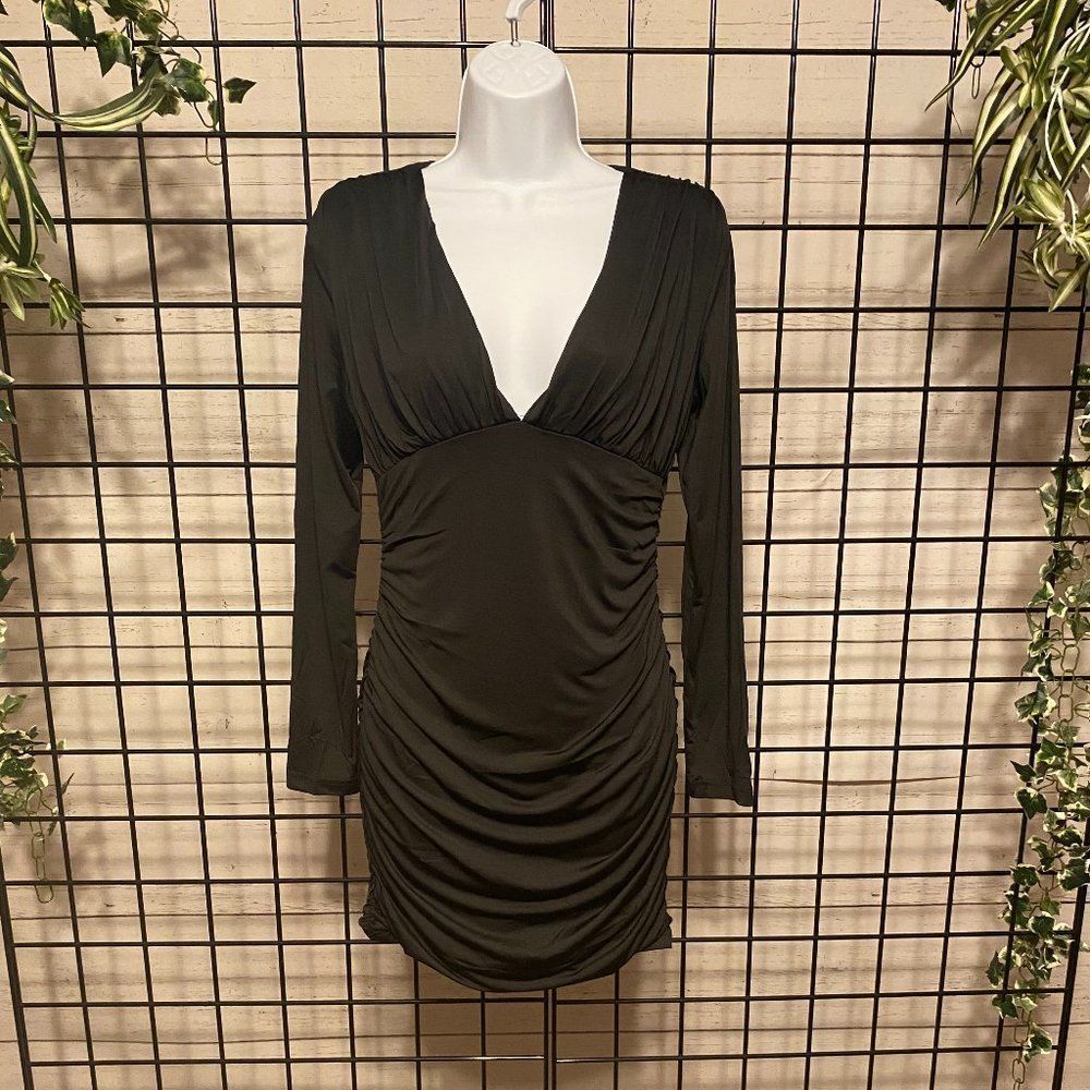Women's Deep V-Neck Plunge Ruched Dress B113 Black Size M